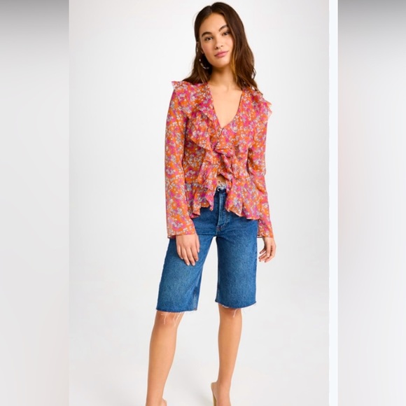 NWT Free People /Nina Sheer Floral Ruffle Blouse Long sleeve - Picture 10 of 10